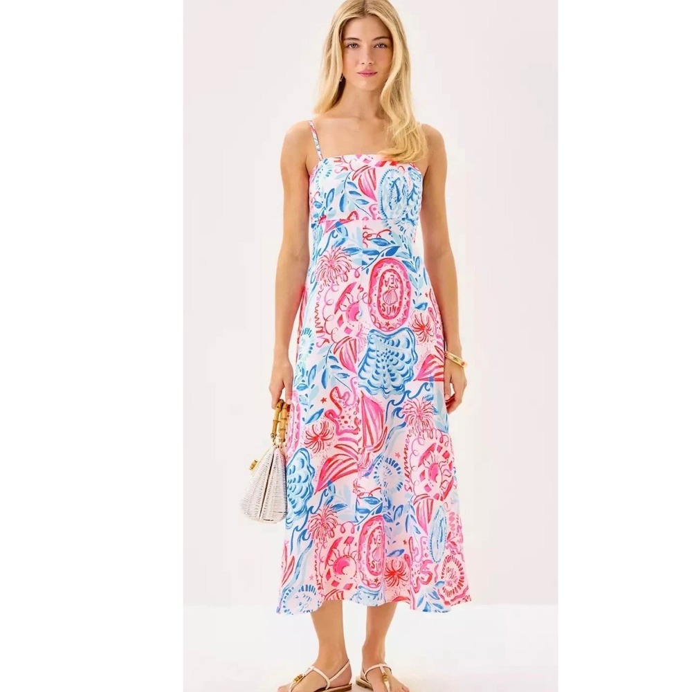 Lilly Pulitzer Jorgian Linen Midi Dress Women Siz 10 Sun Sea Sand Beach Preppy